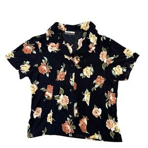 Diana Marco Vintage Floral Rose Print Button Up Blouse Black Short Sleeve Top